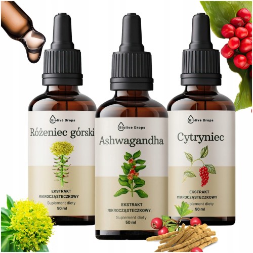 Zestaw ekstraktów mikrocząsteczkowych: Ashwagandha, Cytryniec, Różeniec Górski 3x50 ml