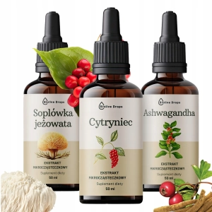 Zestaw ekstraktów mikrocząsteczkowych: Ashwagandha, Soplówka Jeżowata, Cytryniec 3x50 ml 