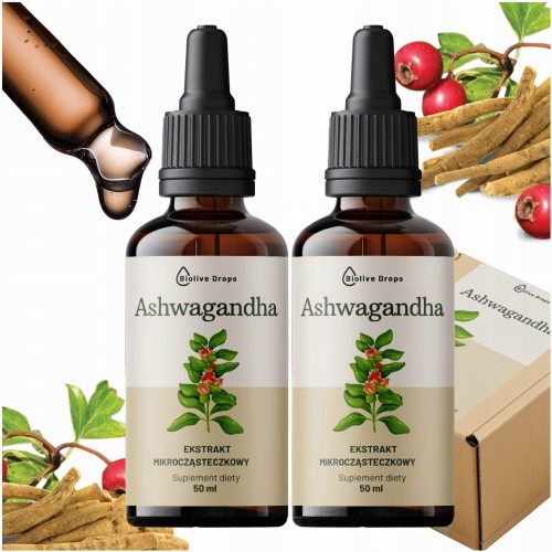 ZESTAW Ashwagandha (2x50ml) ekstrakt mikrocząsteczkowy adaptogeny Biolive Drops 