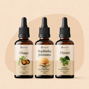 Zestaw „Dzień i Noc” – koncentracja, odporność i wieczorne wyciszenie | Soplówka + Chaga + Chmiel 3×50 ml Biolive Drops