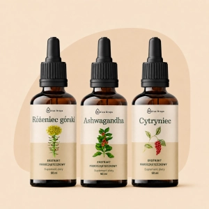 Zestaw „Naturalna Energia” – witalność, odporność na stres i zmęczenie | Ashwagandha + Cytryniec + Różeniec, 3×50 ml Biolive Drops
