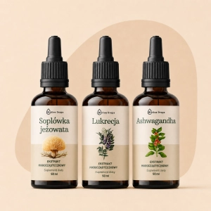 Zestaw „Codzienna Równowaga” – spokój, skupienie i naturalne wsparcie organizmu |  Lukrecja + Ashwagandha + Soplówka Jeżowata 3×50 ml Biolive Drops
