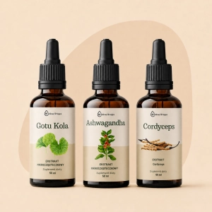 Zestaw „Aktywny Balans” – energia, koncentracja i regeneracja | Ashwagandha + Gotu Kola + Cordyceps 3×50 ml Biolive Drops